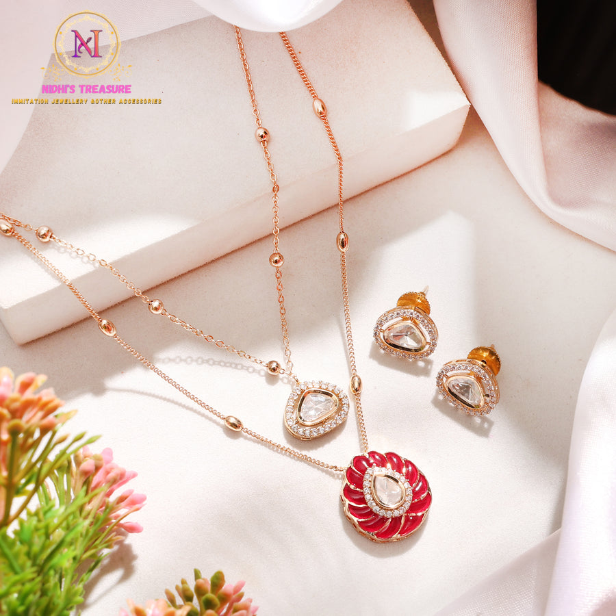 Red Anti-Tarnish Polki Pendant Set with Double Layer Chain & Stud Earrings | Stylish Ethnic Jewellery
