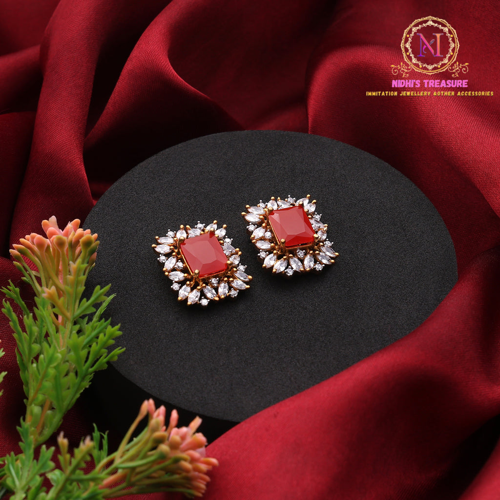 Golden Rectangle AD Stone Stud Earrings | Premium Designer Studs