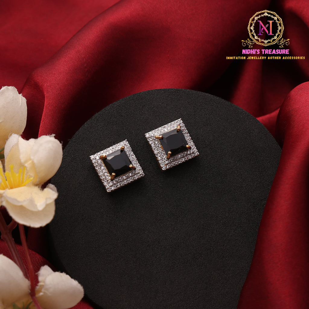 Square American Diamond Stud Earrings with Halo Crystal Border