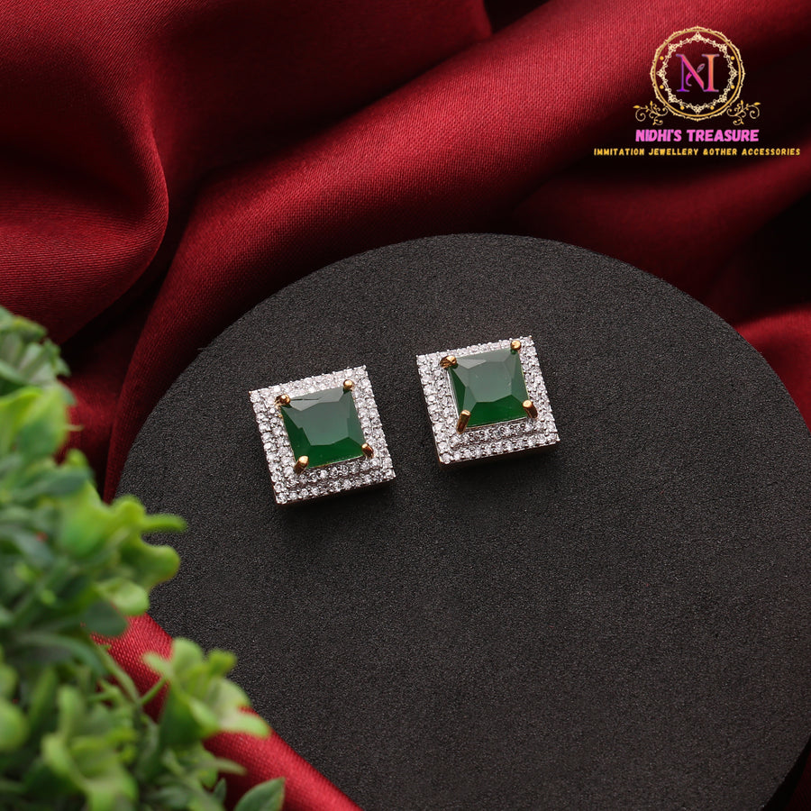 Square American Diamond Stud Earrings with Halo Crystal Border