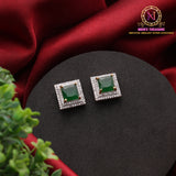 Square American Diamond Stud Earrings with Halo Crystal Border