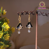 Triangle Shape American Diamond Drop Earrings with Leaf Motif and Teardrop Dangling Stone