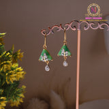 Triangle Shape American Diamond Drop Earrings with Leaf Motif and Teardrop Dangling Stone