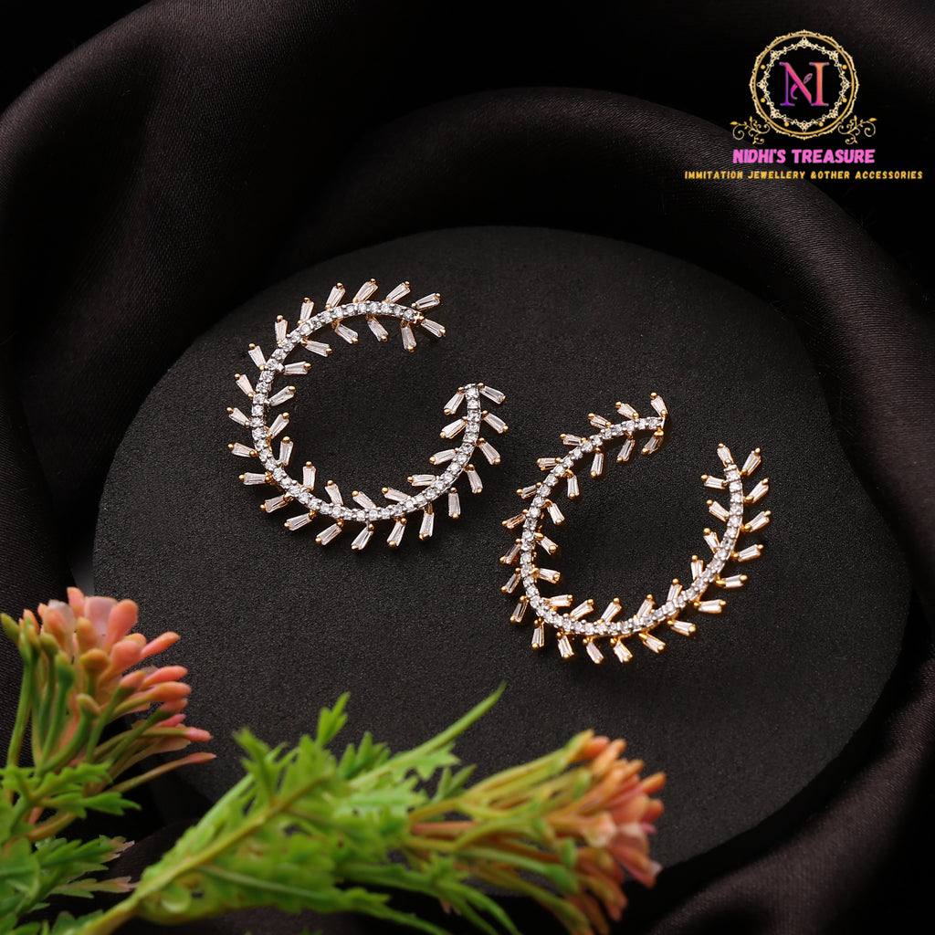 C Shape American Diamond Hoop Earrings with Baguette Stone Detailing and Golden Polish