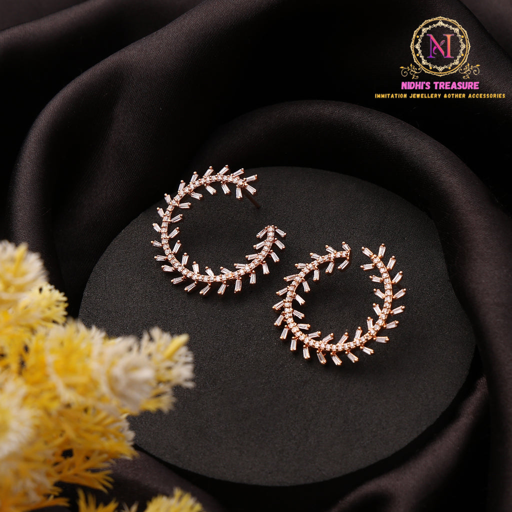 C Shape American Diamond Hoop Earrings with Baguette Stone Detailing and Rose Gold Polish