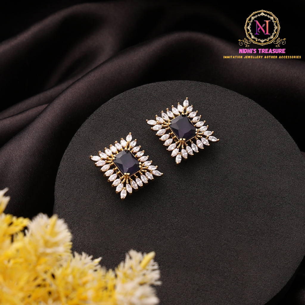 Square Shape American Diamond Stud Earrings with Center Stone and Floral AD Halo Design