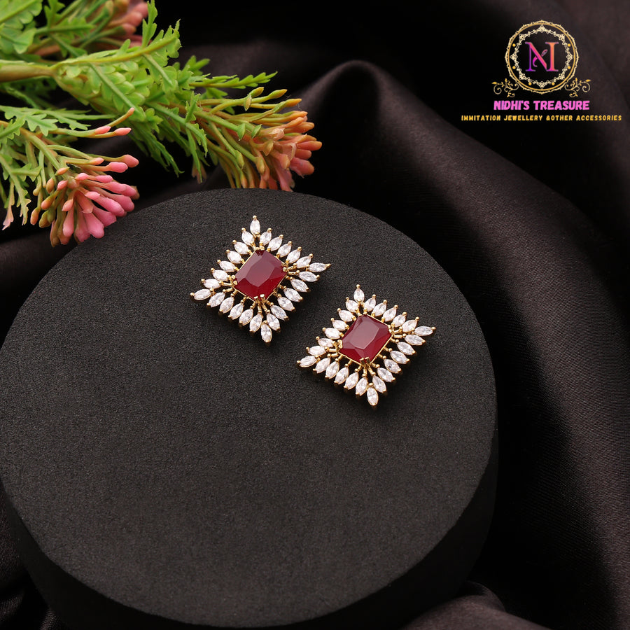 Square Shape American Diamond Stud Earrings with Center Stone and Floral AD Halo Design