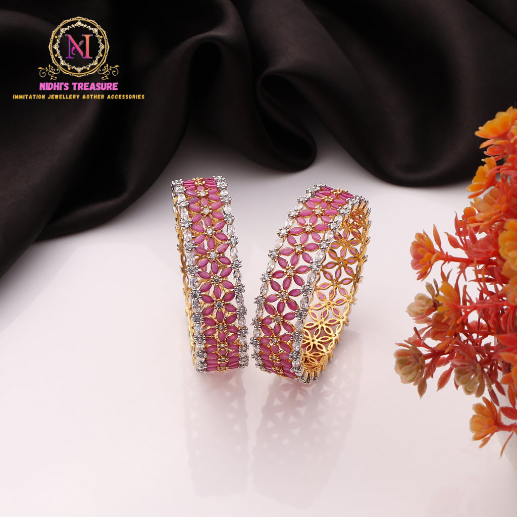 Pink American Diamond Bangles Set with Floral Lattice Design, Dual Tone Gold & Silver Polish Finish