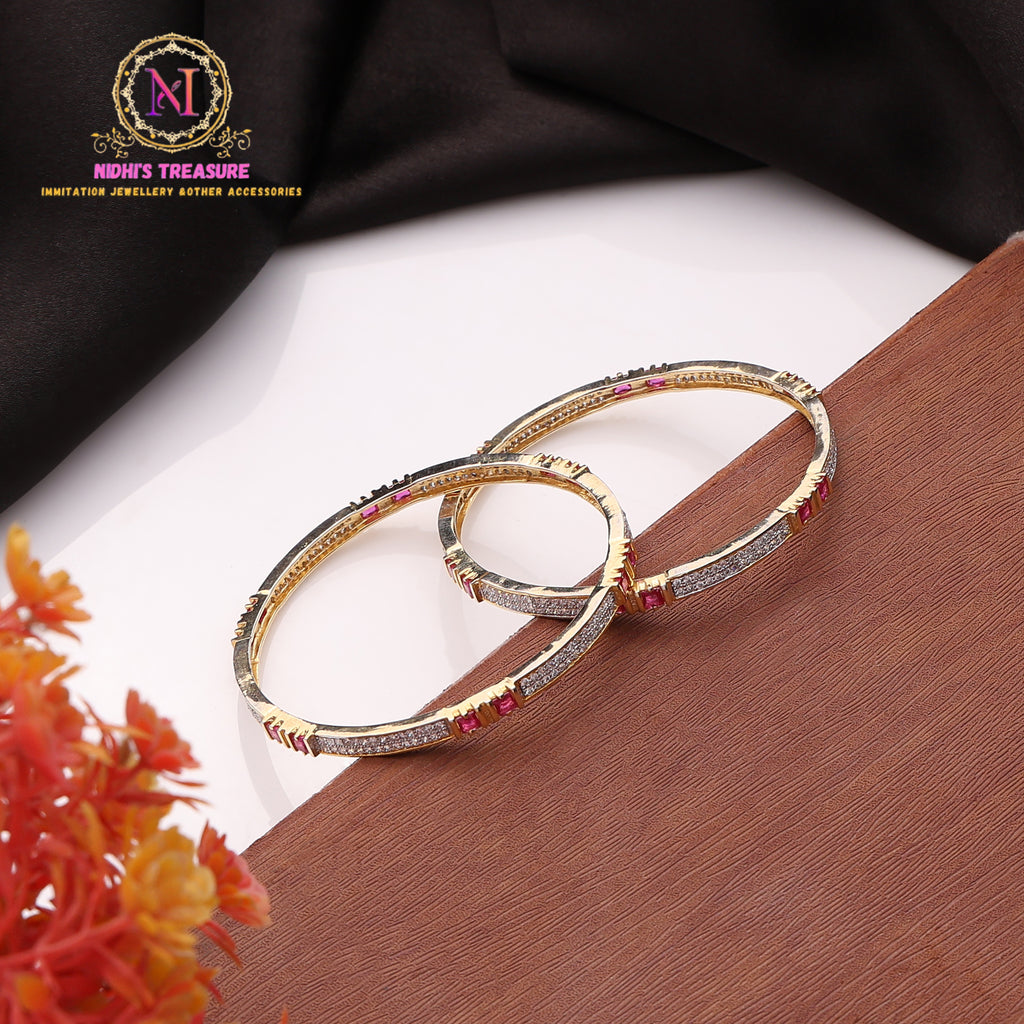 Golden Polish American Diamond Bangles with Ruby Stone Accents and Sleek Dual Finish Design