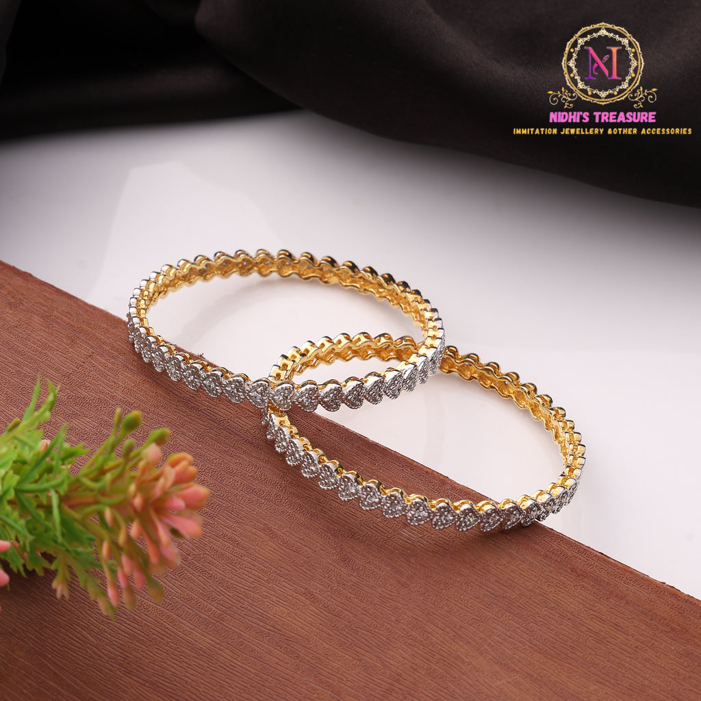 Golden Polish American Diamond Bangles with Heart Pattern Design and Dual Tone Sparkle Finish