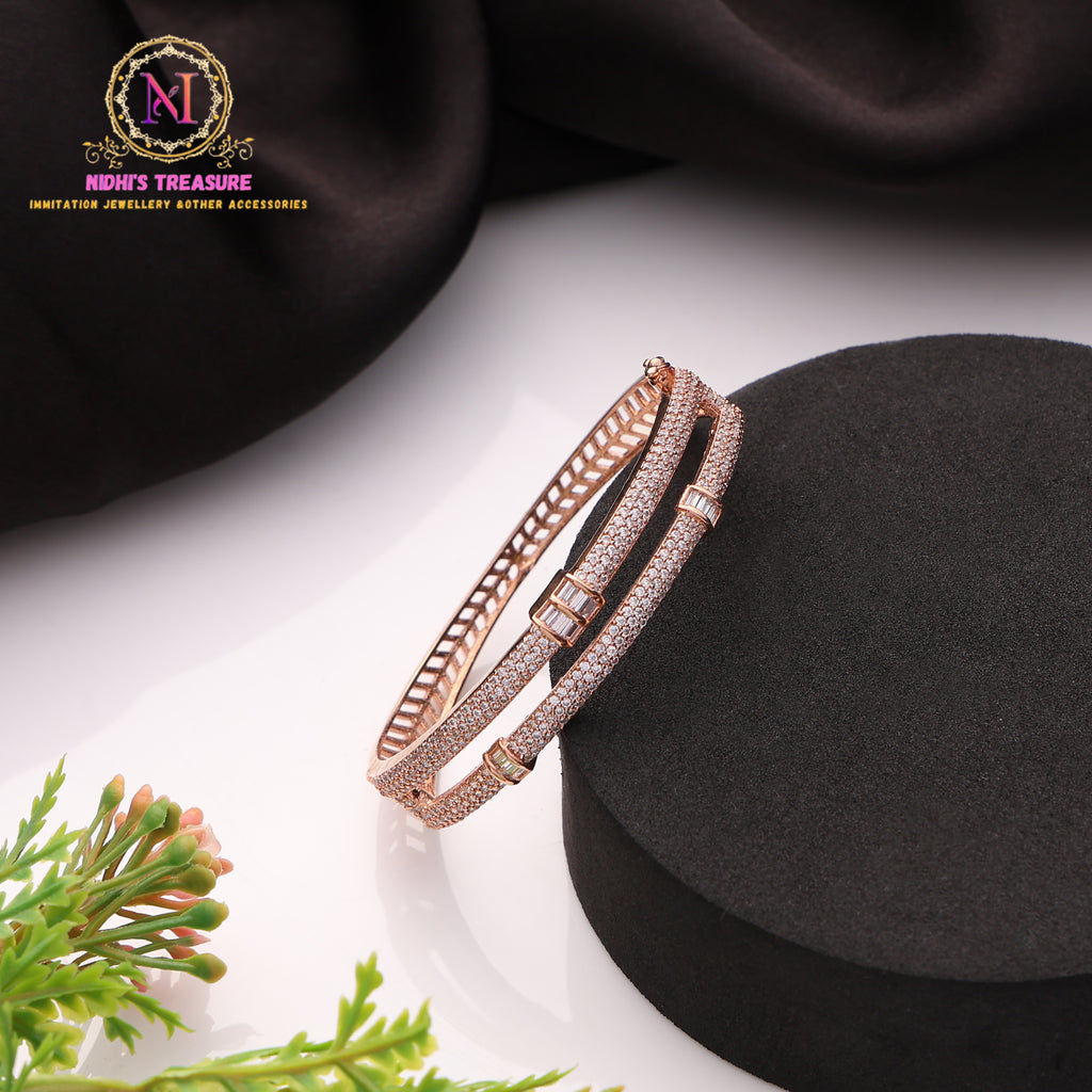Rose Gold Polish American Diamond Dual Line Bracelet with Baguette Stone Accents & Micro Pave Setting