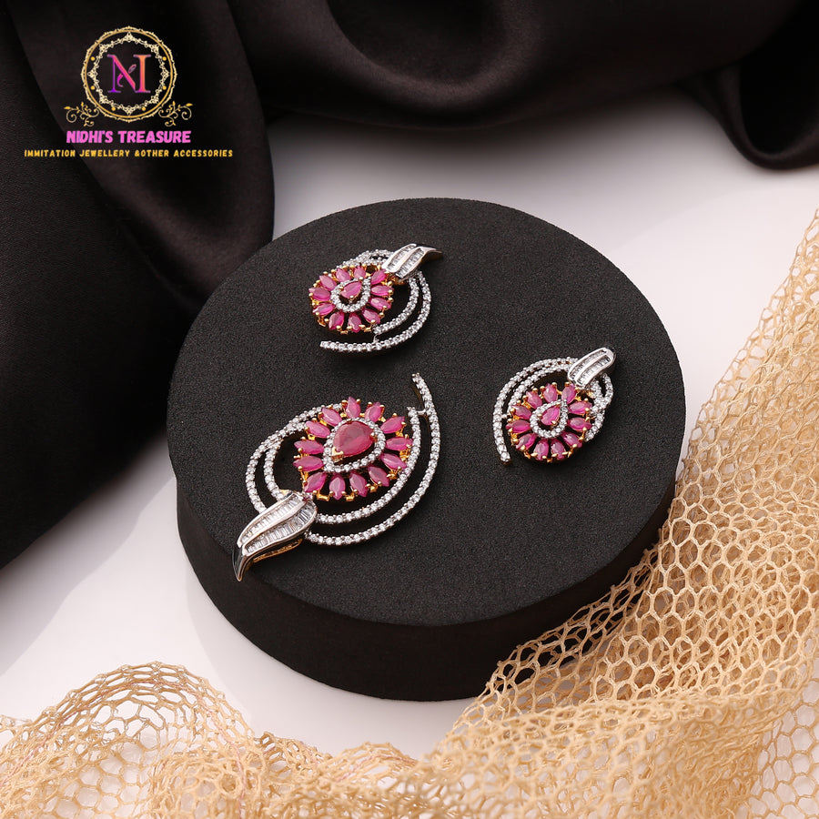 American Diamond Floral Pendant Set with Pink Stones & Dual Layer Curve Design Necklace with Matching Stud Earrings
