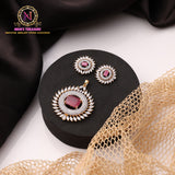 American Diamond Round Halo Pendant Set with Ruby Pink Center Stone & Floral AD Stud Earrings