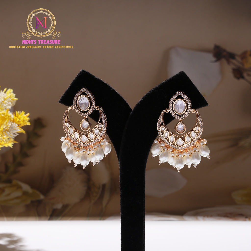 Polki Chandbali Earrings with Pearl Drops & AD Stone Detailing – Premium Gold Finish Ethnic Earrings