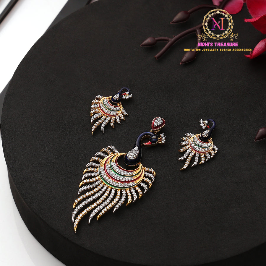 Peacock Design AD Stone Pendant Set with Earrings – Multicolor Premium Ethnic Jewellery