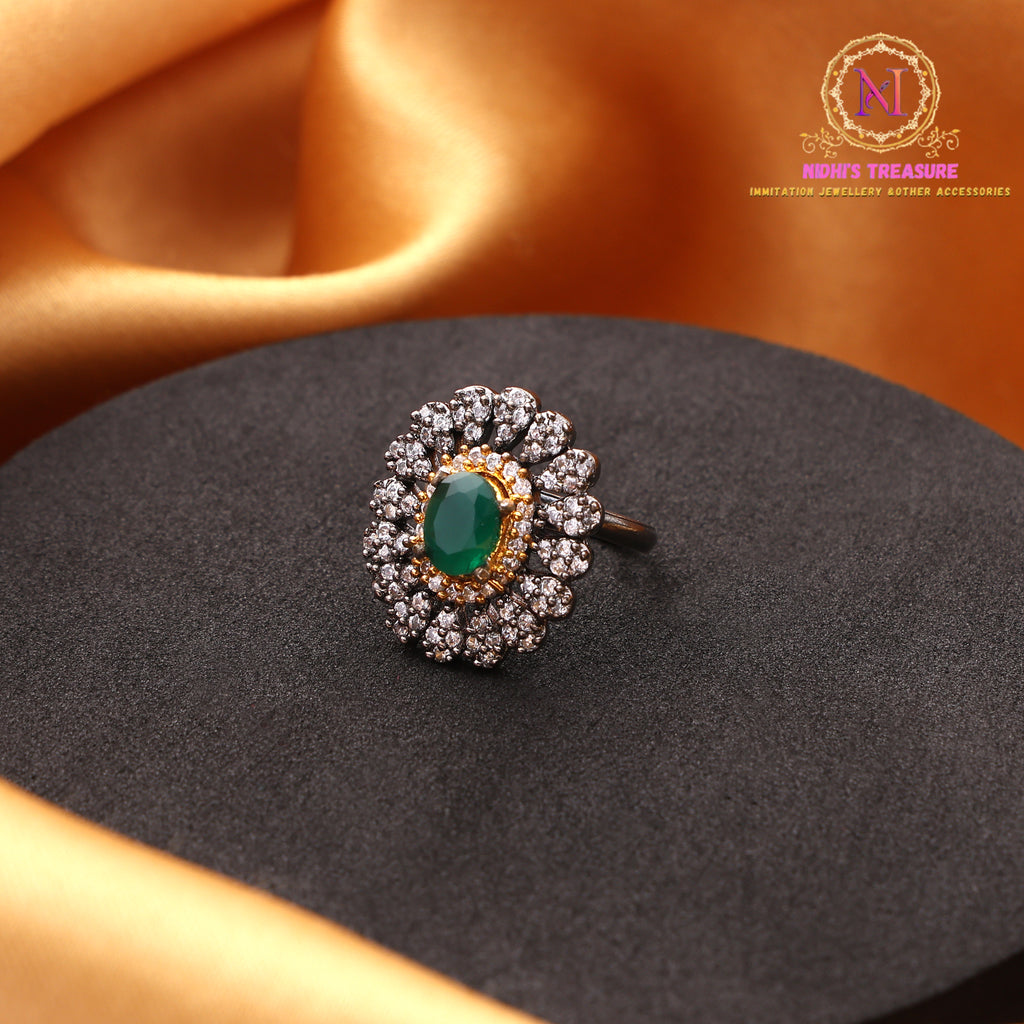Black Polish Oval AD Ring with Green Stone – Adjustable Statement Ring