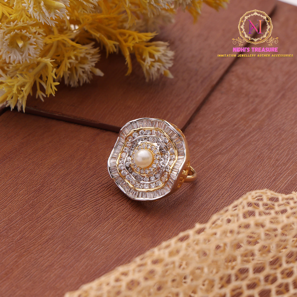 Golden Polish Pearl AD Ring – Circular Premium Adjustable Ring
