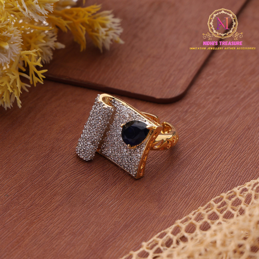 Golden Polish Black Stone AD Ring – Premium Adjustable Designer Ring