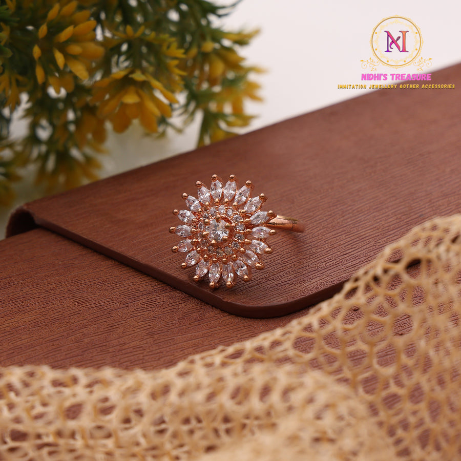 Rose Gold Floral AD Ring – Premium Designer Statement Ring