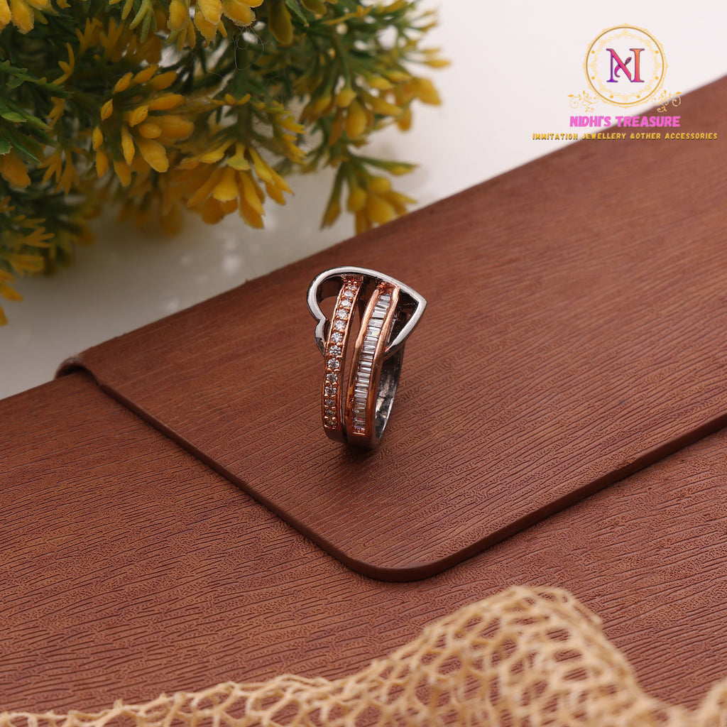 Triple Tone Curved AD Ring – Black & Rose Gold Designer Ring
