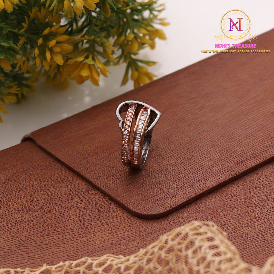 Triple Tone Curved AD Ring – Black & Rose Gold Designer Ring