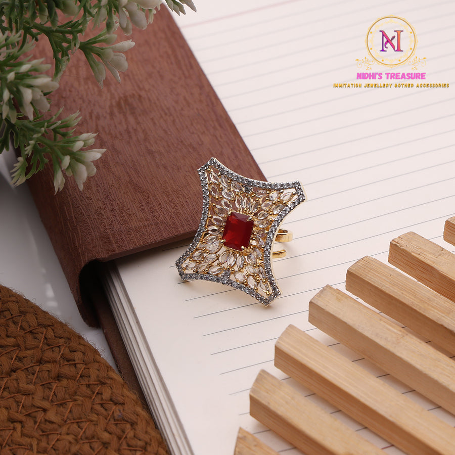 Ruby Stone Adjustable AD Ring – Premium Golden Finish Statement Ring