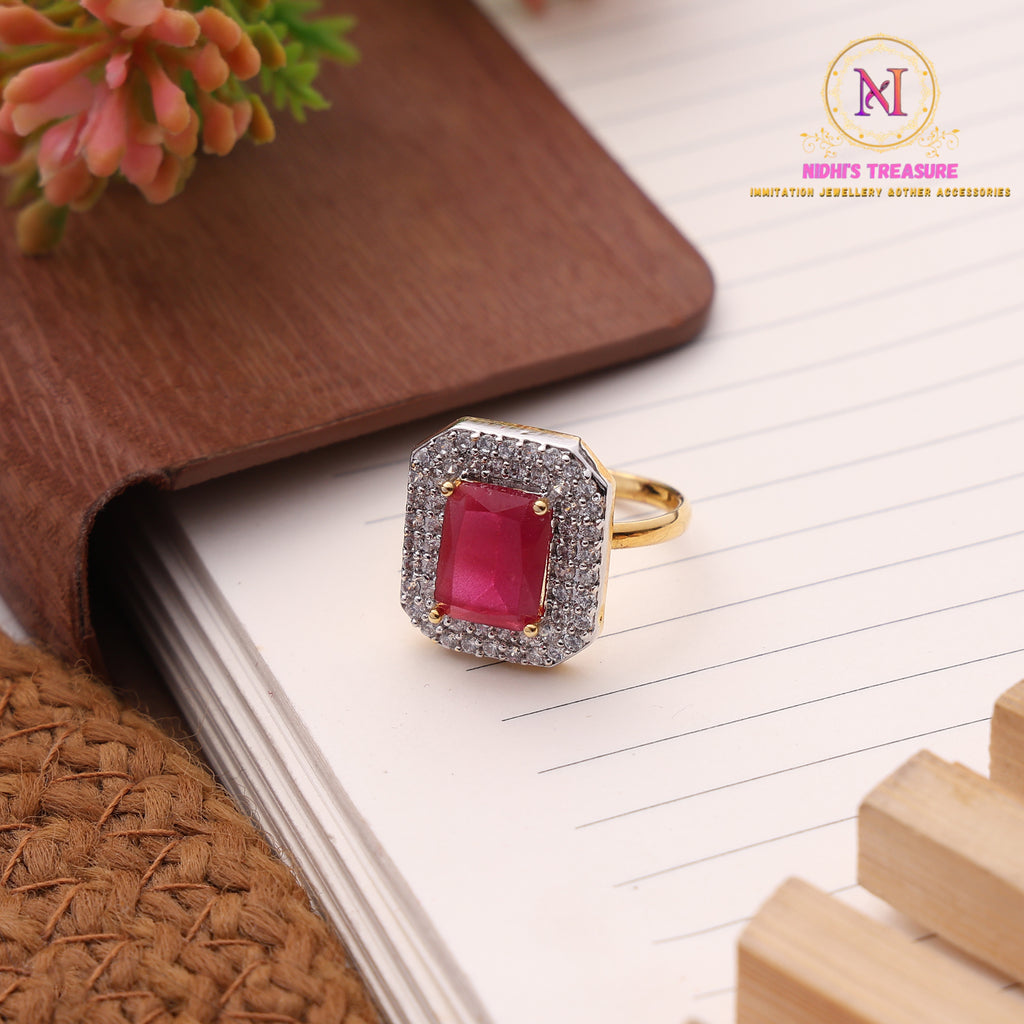 American Diamond Square Ring – Ruby Pink Stone | Adjustable Golden Finish