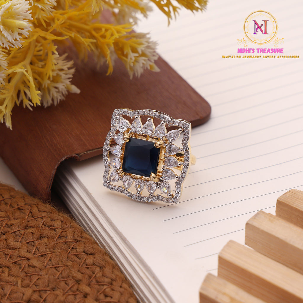 American Diamond Square Cluster Ring | Adjustable Golden Finish