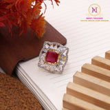 American Diamond Square Cluster Ring | Adjustable Golden Finish