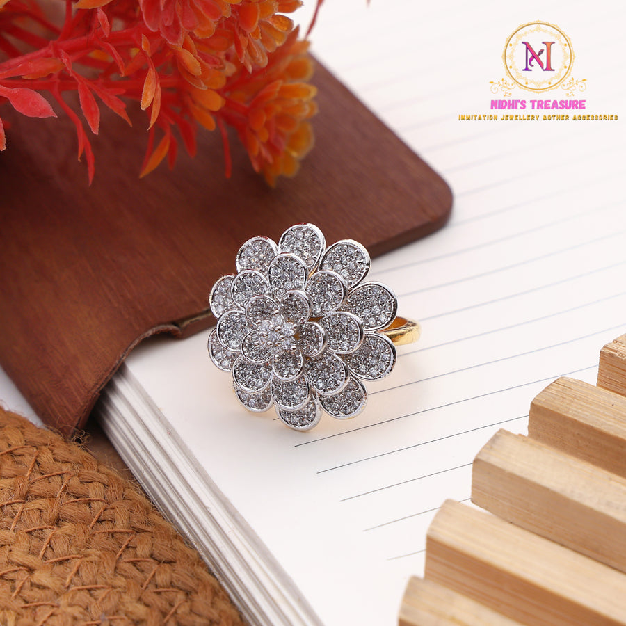 American Diamond Flower Ring – Golden Polish | Adjustable Statement Ring