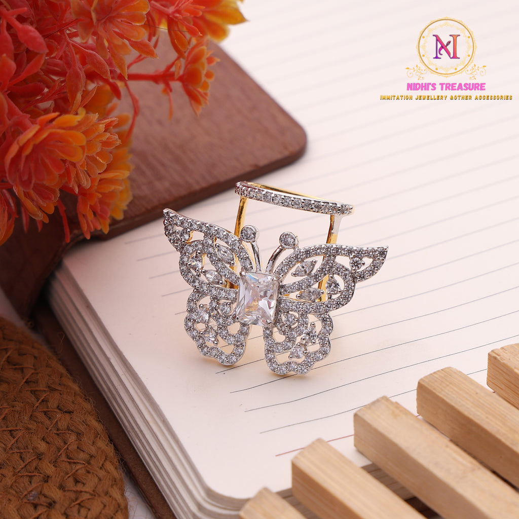 Butterfly Statement Ring – AD Stone | Golden Finish Double Band