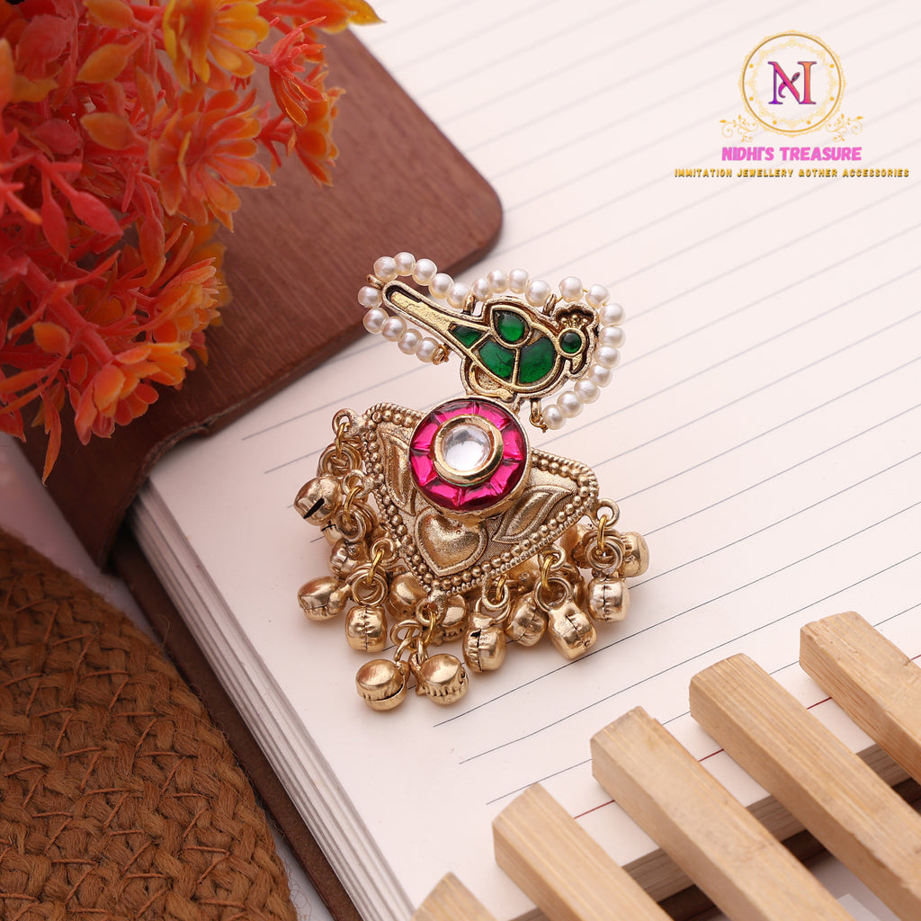 Kashmiri Bird Design Ring – Green Stone | Adjustable Brass Gold Finish