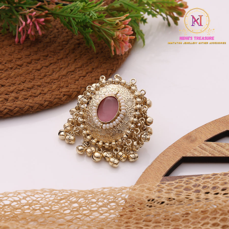Kashmiri Statement Ring – Pink Stone with Ghunghroo | Adjustable Golden Finish