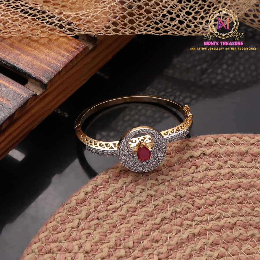 AD Bracelet – Ruby Stone Halo Design | Golden Openable Kada