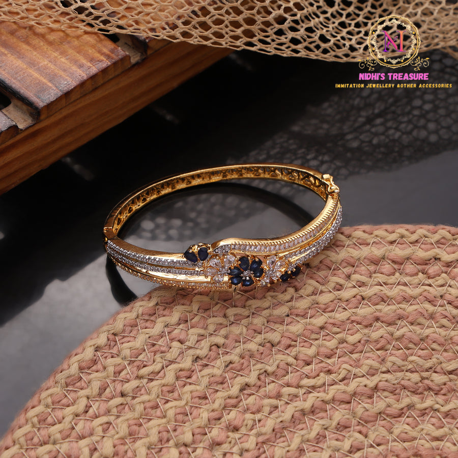AD Bracelet – Blue Floral Stone Design | Golden Openable Kada