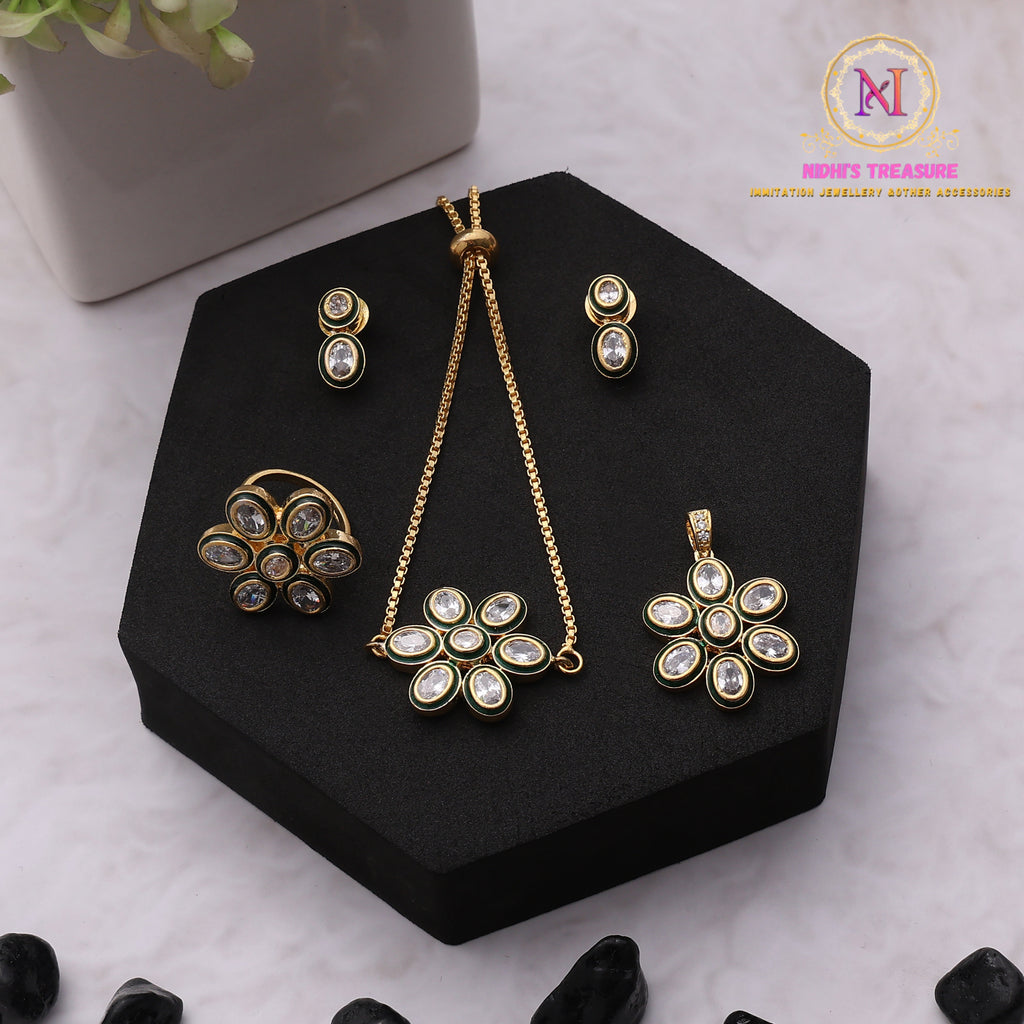 Kundan Jewelry Combo Set | Bracelet, Ring & Pendant Floral Design