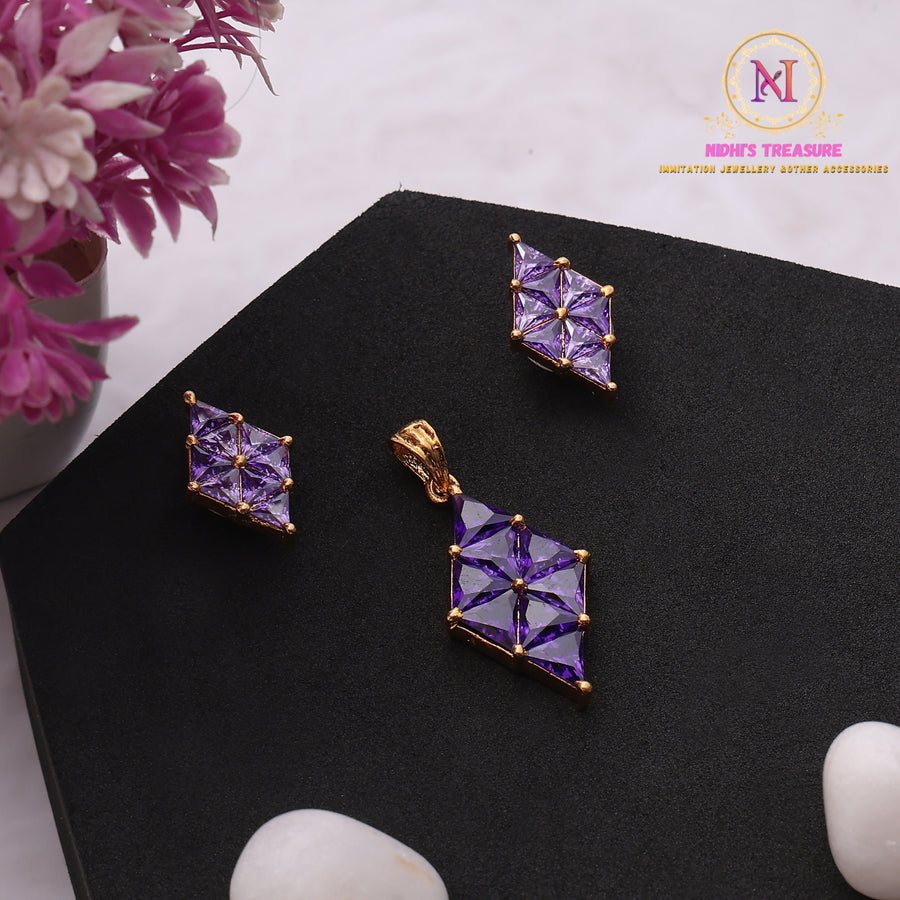 Purple Stone Pendant Set with Stud Earrings | Geometric Design