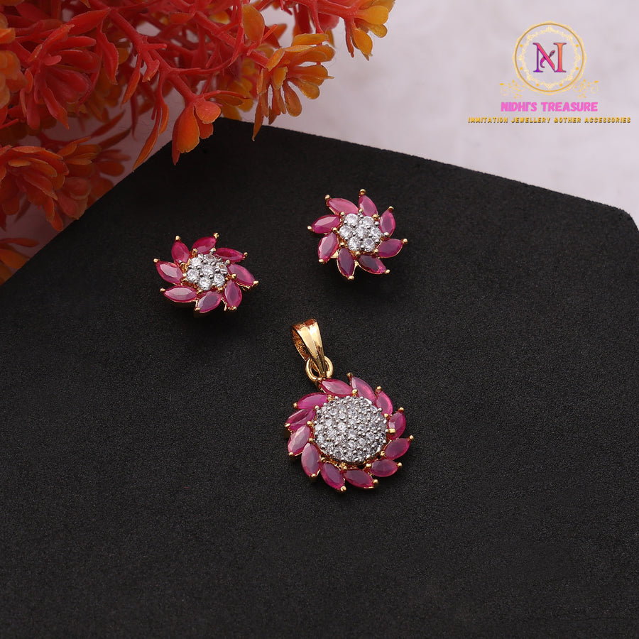 American Diamond Flower Pendant Set – Ruby Pink | Golden Finish