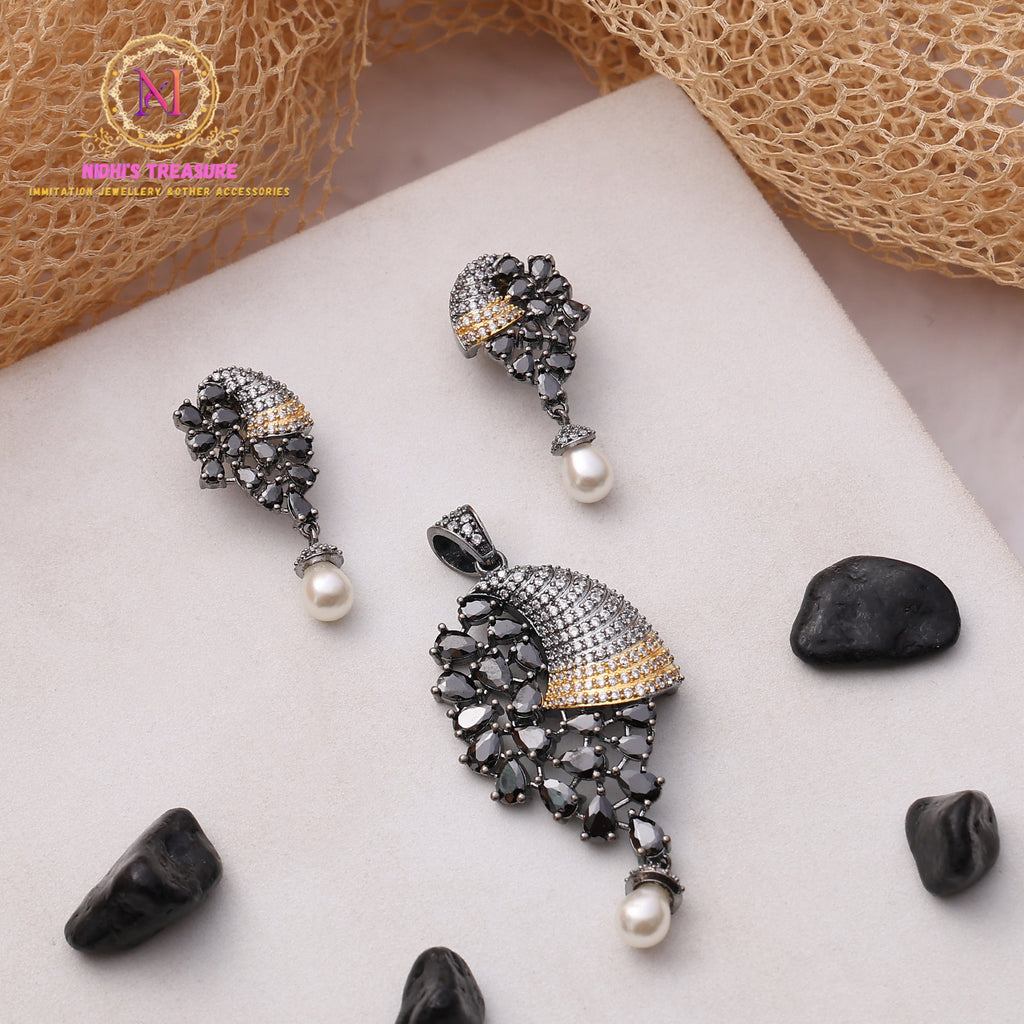 Dual Tone Black Stone Pendant Set with Pearl Drop | AD Designer Set