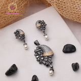 Dual Tone Black Stone Pendant Set with Pearl Drop | AD Designer Set