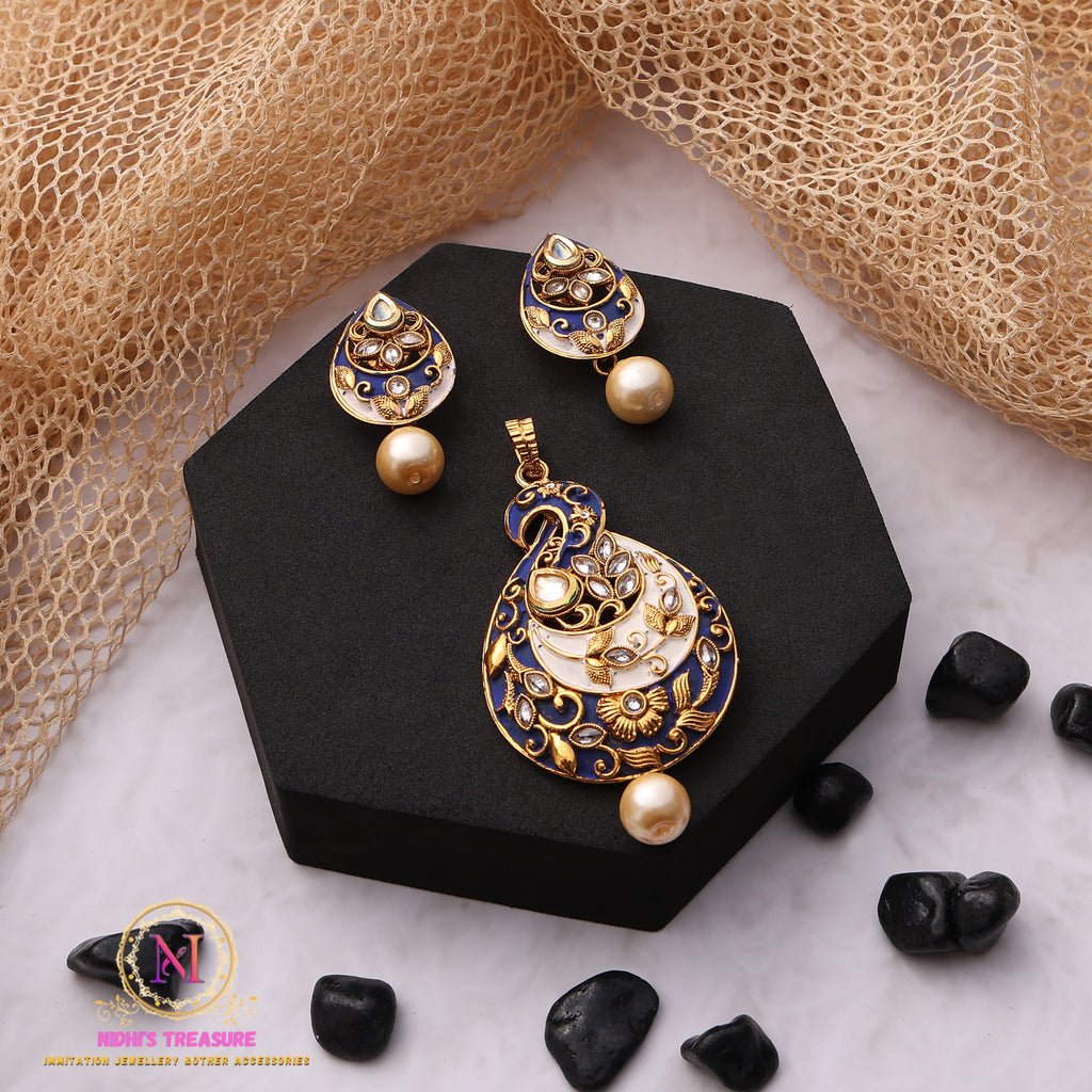 Royal Blue & White Kundan Pendant Set | Pearl Drop Ethnic Design