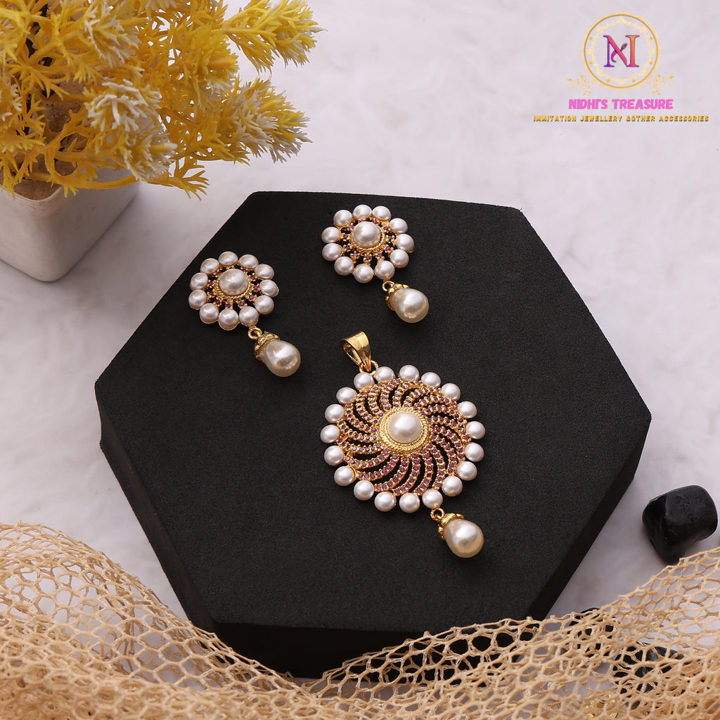 Pearl Swirl Pendant Set with Ruby Accents | Golden Finish Designer Set