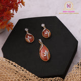 American Diamond Peach Teardrop Pendant Set | Floral Gold Finish