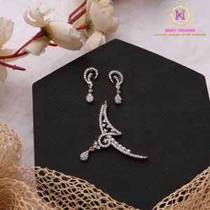 Curved AD Mangalsutra Pendant Set with Earrings | Golden Finish