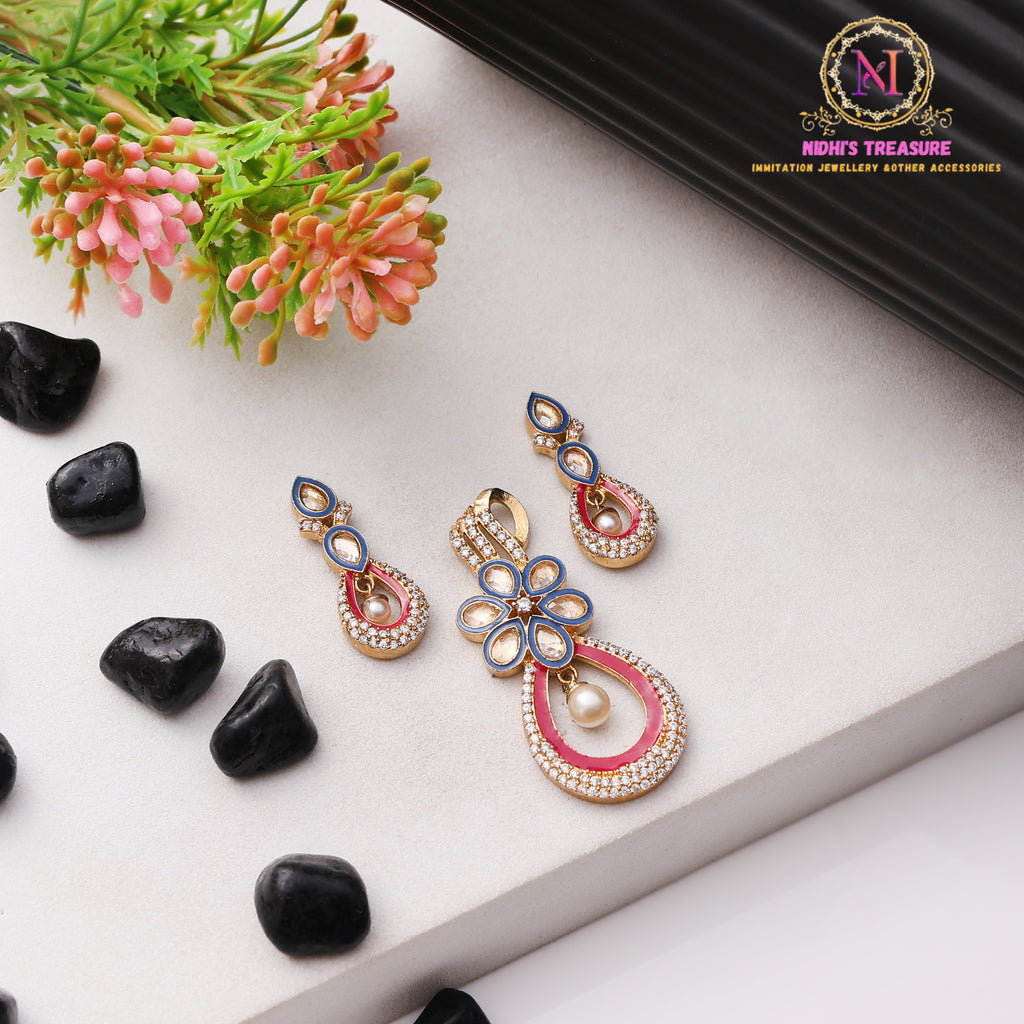 Floral Teardrop Pendant Set with Earrings| Pearl Detail