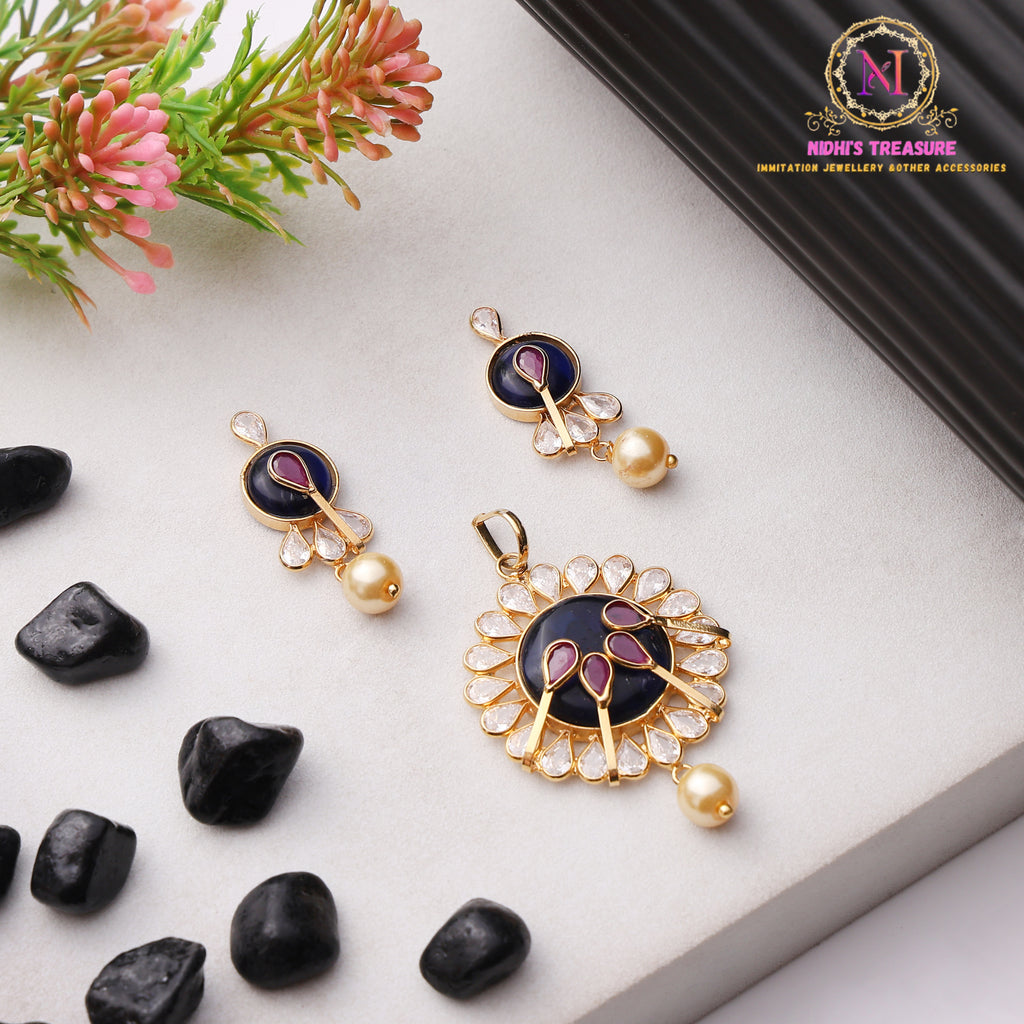 Blue & Purple Stone Pendant Set with Pearl Drop | Golden Finish