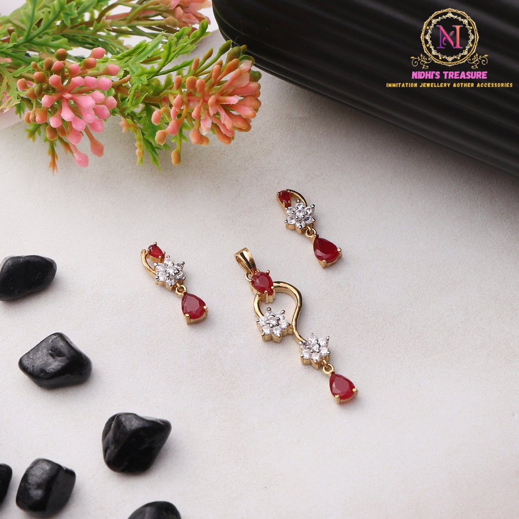 American Diamond Pendant Set – Ruby Pink | Golden Finish