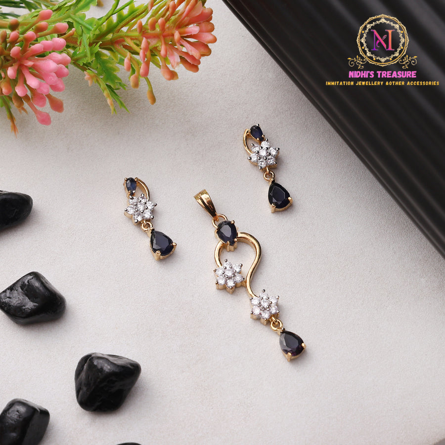 American Diamond Pendant Set – Ruby Pink | Golden Finish