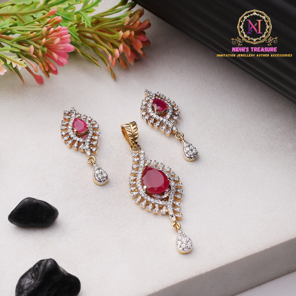 American Diamond Pendant Set – Ruby Pink | Golden Finish