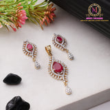 American Diamond Pendant Set – Ruby Pink | Golden Finish